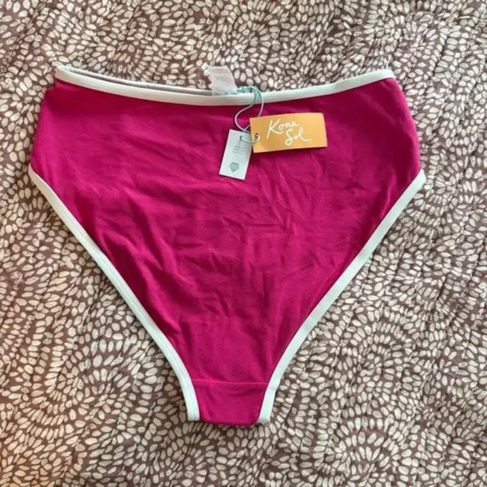 Kona Sol Pink High Waist Bikini Bottoms with White Trim NWT L‎
